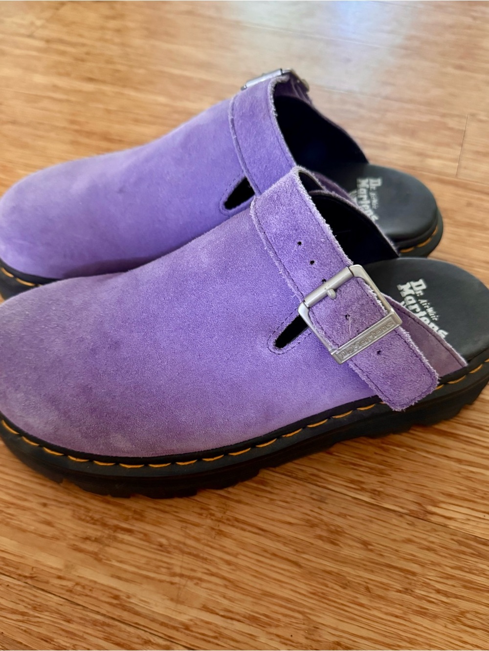 Dr. Martens Lavender Suede Buckle Clogs